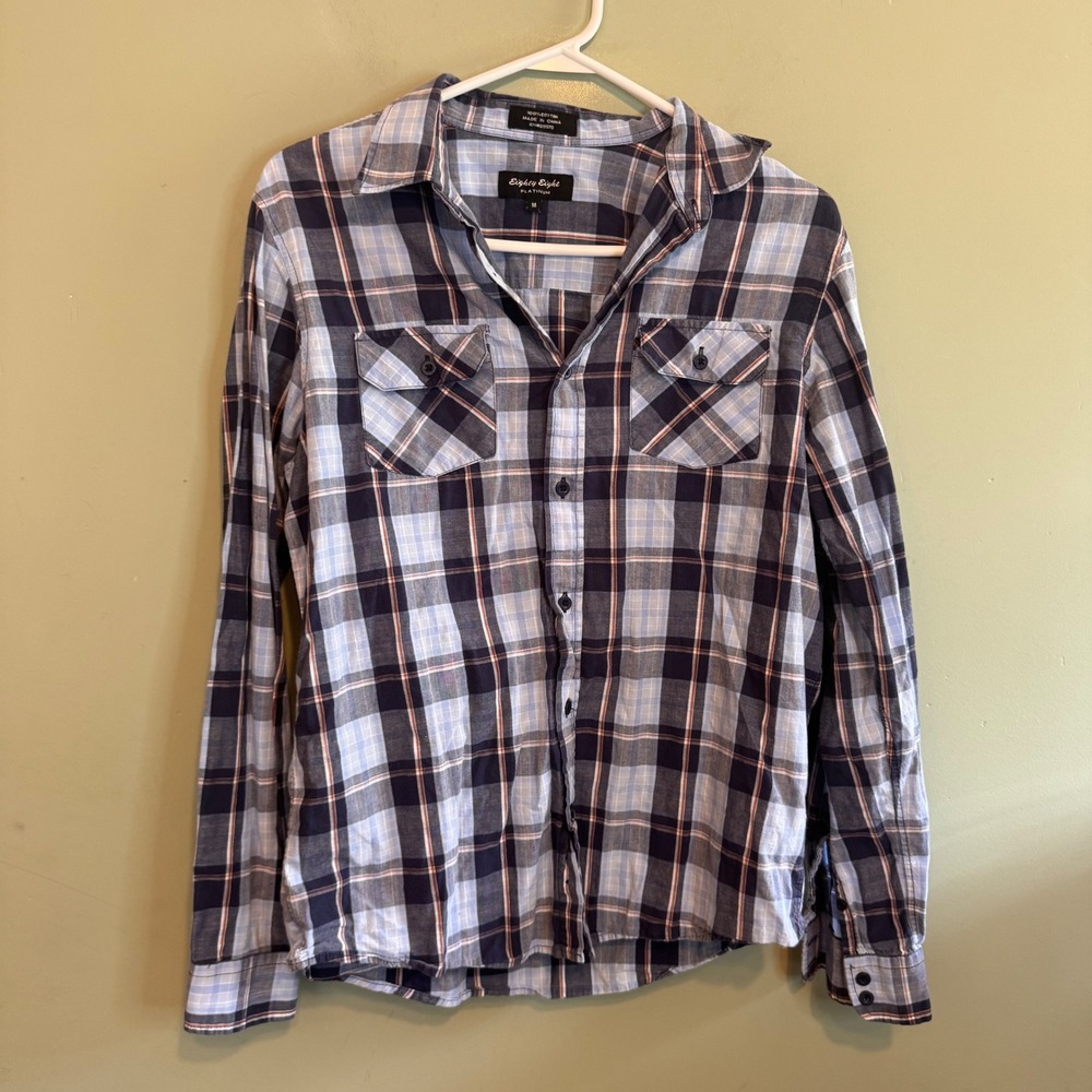 Eighty Eight Platinum Mens Medium Blue Navy Plaid Cotton Button Down Shirt M
